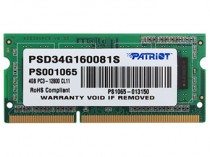 Память PATRIOT MEMORY 4 Гб, DDR3, 12800 Мб/с, CL11, 1.5 В, 1600MHz, SO-DIMM (PSD34G160081S)