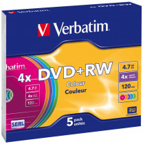 Диск DVD+RW VERBATIM 4,7Gb 4x Slim Case Color (5шт) (43297 5шт)