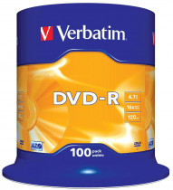 Диск DVD-R VERBATIM 4.7ГБ, 16x, 100шт., Cake Box, записываемый DVD диск (43549 100шт)