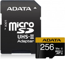 Карта памяти ADATA 256 Гб, microSDXC, чтение: 275 Мб/с, запись: 155 Мб/с, V90, адаптер на SD, Premier ONE (AUSDX256GUII3CL10-CA1)