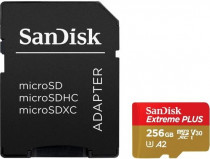 Карта памяти SANDISK 256 Гб, microSDXC, чтение: 170 Мб/с, запись: 90 Мб/с, адаптер на SD, Extreme Plus (SDSQXBZ-256G-GN6MA)