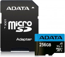 Карта памяти ADATA 256 Гб, microSDXC, чтение: 100 Мб/с, запись: 25 Мб/с, A1, V10, адаптер на SD, Premier (AUSDX256GUICL10A1-RA1)