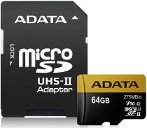 Карта памяти ADATA 64 Гб, microSDXC, чтение: 275 Мб/с, запись: 155 Мб/с, адаптер на SD, Premier (AUSDX64GUII3CL10-CA1)