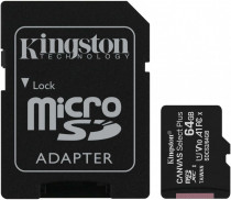 Карта памяти KINGSTON 64 Гб, microSDXC, чтение: 100 Мб/с, V10, адаптер на SD, Canvas Select Plus (SDCS2/64GB)
