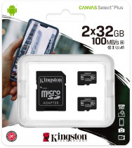 Карта памяти KINGSTON 32 Гб, microSDHC, чтение: 100 Мб/с, V10, адаптер на SD, Canvas Select Plus (SDCS2/32GB-2P1A)