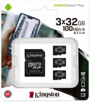 Карта памяти KINGSTON 32 Гб, microSDHC, чтение: 100 Мб/с, V10, адаптер на SD, Canvas Select Plus (SDCS2/32GB-3P1A)
