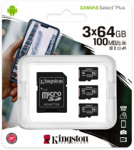 Карта памяти KINGSTON 64 Гб, microSDXC, чтение: 100 Мб/с, V10, адаптер на SD, Canvas Select Plus (SDCS2/64GB-3P1A)