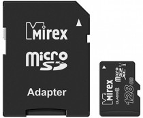 Карта памяти MIREX 128 Гб, microSDXC, чтение: 104 Мб/с, запись: 45 Мб/с, адаптер на SD (13613-AD10S128)