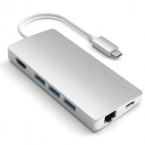 USB хаб SATECHI Aluminum Multi-Port Adapter V2. Интерфейс USB-C. 3 порта USB 3.0, 1 порт 4K HDMI, 1 порт Ethernet RJ-45, SD/micro-SD кардридер. Цвет серебряный. Aluminum Multi-Port Adapter V2 (ST-TCMA2S)