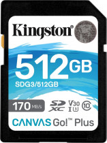 Карта памяти KINGSTON 512 Гб, SDXC, Secure Digital XC, чтение: 170 Мб/с, запись: 90 Мб/с, V30 (SDG3/512GB)
