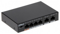 Коммутатор DAHUA неуправляемый, 4 порта Ethernet 100 Мбит/с, 2 uplink/стек/SFP (до 100 Мбит/с), поддержка PoE/PoE+ (DH-PFS3006-4ET-60)