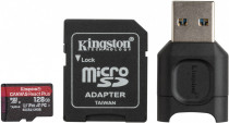 Карта памяти KINGSTON 128 Гб, microSDXC, чтение: 285 Мб/с, запись: 165 Мб/с, A1, V90, USB-картридер, адаптер на SD (MLPMR2/128GB)