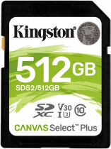 Карта памяти KINGSTON 512 Гб, SDXC, Secure Digital XC, чтение: 100 Мб/с, запись: 85 Мб/с, V30, Canvas Select Plus (SDS2/512GB)