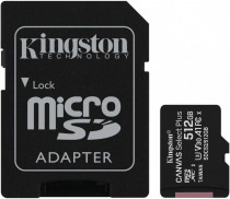 Карта памяти KINGSTON 512 Гб, microSDXC, чтение: 100 Мб/с, запись: 85 Мб/с, A1, V30, адаптер на SD, Canvas Select Plus (SDCS2/512GB)