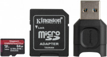 Карта памяти KINGSTON 64 Гб, microSDXC, чтение: 285 Мб/с, запись: 165 Мб/с, A1, V90, USB-картридер, адаптер на SD (MLPMR2/64GB)