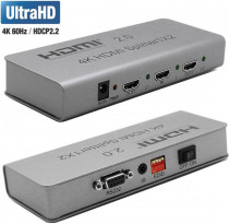 Разветвитель ORIENT HDMI 4K Splitter , 1-2, HDMI 2.0/3D, UHDTV 4K/ 60Hz (3840x2160)/HDTV1080p, HDCP2.2, EDID управление, RS232 порт, IR вход, БП 5В/1.5А, метал.корпус (30465) (HSP0102H-2.0)