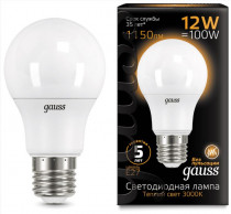Лампа GAUSS Светодиодная LED A60 шар 12W E27 1150lm 3000K 1/10/50 (102502112)