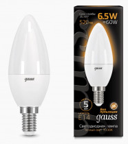 Лампа GAUSS Светодиодная LED Свеча E14 6.5W 520lm 3000К 1/10/100 (103101107)