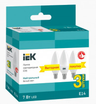 Лампа IEK светодиодная C35 свеча 7Вт 230В 4000К E14 (3шт/упак) (LLE-C35-07-230-40-E14-3)