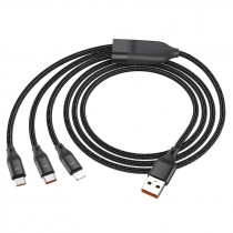 Кабель HOCO U104/ USB 3-in-1: Lightning+Micro+Type-C/ 1.2m/ 6A/ Нейлон/ Black (HC-55933)