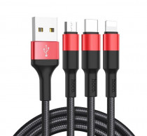 Кабель HOCO X26/ USB 3-in-1: Lightning+Micro+Type-C/ 1m/ 2A/ Нейлон/ Black&Red (HC-80282)