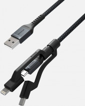 Кабель NOMAD Universal Cable Kevlar, интерфейсы Lightning/USB-C/Micro-USB. Материал кевлар. Длина 1.5 м. Цвет чёрный. Kevlar Universal Cable 3 in 1 Lightning/USB-C/Micro-USB 1,5m -Black (NM01012B00)