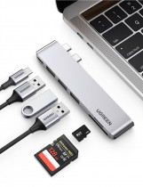 Док-станция UGREEN CM251 (60560) USB-C Multifunction Adapter with Ethernet Interface. Цвет: серый CM251 (60560) 2xUSB-C to 3xUSB3.0-A+SD+TF+PD Multifunction Adapter Aluminum Shell - Grey (60560_)