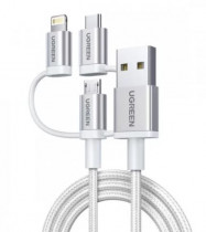 Кабель UGREEN US186 (50203) 3-in-1 USB2.0-A Multifuntion Cable with Braid в оплетке. Длина 1,5 м. Цвет: серебристый US186 (50203) 3-in-1 USB2.0-A Multifuntion Cable with Braid 1.5m. - Silver (50203_)