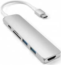 USB хаб SATECHI USB-C адаптер Type-C Slim Multiport Adapter V2. Интерфейс USB-C. Порты: USB-C Power Delivery (PD), 2хUSB 3.0, 4K HDMI, micro/SD. Цвет серебристый. Type-C Slim Multiport Adapter V2 (ST-SCMA2S)