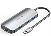 USB хаб VENTION USB-C to HDMI/USB 3.0x3/RJ45/PD Docking Station 0.15M Gray Aluminum Alloy Type (TOHHB)