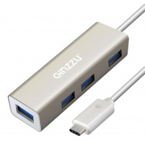 USB хаб GINZZU OTG Type C, 4-х портовый USB 3.0 OTG Type C , интерфейс USB 3.1 Type C, кабель - 20 см, алюминиевый корпус, (GR-518UB)