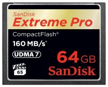 Карта памяти SANDISK 64 Гб, Compact Flash, чтение: 160 Мб/с, запись: 150 Мб/с, 1067 x, Extreme Pro (SDCFXPS-064G-X46)