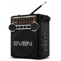 Радиоприемник SVEN SRP-355 чёрный (3 Вт, FM/AM/SW, USB, SD/microSD, AUX, фонарь, 900 мАч, 2 х D/UM) (SV-017125)