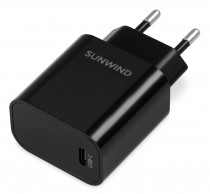 Сетевое зарядное устройство SUNWIND 20 Вт, сила тока 3 A, 1x USB Type-C, SWWA2, чёрный (SWWA2H0100BK)