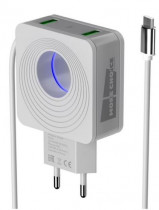 Сетевое зарядное устройство MORE CHOICE 2USB 2.4A для micro USB со встроенным кабелем и LED подсветкой NC48m (White) (NC48MW)