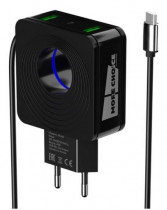 Сетевое зарядное устройство MORE CHOICE 2USB 2.4A для micro USB со встроенным кабелем и LED подсветкой NC48m (Black) (NC48MB)