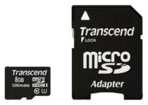 Карта памяти TRANSCEND 8 Гб, microSDHC, чтение: 90 Мб/с, запись: 45 Мб/с, 600 x, адаптер на SD (TS8GUSDHC10U1)