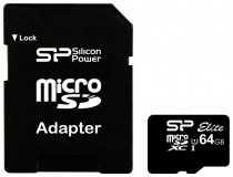 Карта памяти SILICON POWER 64 Гб, microSDXC, чтение: 50 Мб/с, запись: 15 Мб/с, адаптер на SD, Elite (SP064GBSTXBU1V10-SP)