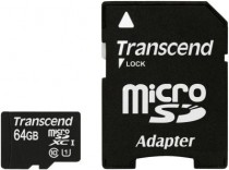 Карта памяти TRANSCEND 64 Гб, microSDXC, адаптер на SD (TS64GUSDU1)