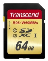 Карта памяти TRANSCEND 64 Гб, SDXC, Secure Digital XC, чтение: 95 Мб/с, запись: 60 Мб/с (TS64GSDU3)