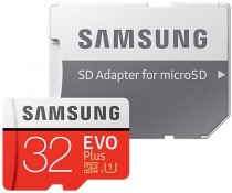 Карта памяти SAMSUNG 32 Гб, microSDHC, чтение: 95 Мб/с, запись: 20 Мб/с, адаптер на SD, EVO PLUS (MB-MC32GA/RU)
