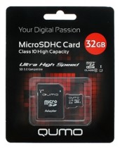 Карта памяти QUMO 32 Гб, microSDHC, чтение: 90 Мб/с, адаптер на SD (QM32GMICSDHC10U1)