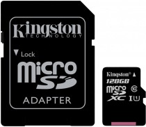 Карта памяти KINGSTON microSDXC Canvas Select, 128 Гб, UHS-I Class 10 U1, чтение: 80Мб/с, запись: 10Мб/с, с адаптером (SDCS/128GB)