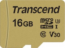 Карта памяти TRANSCEND 16 Гб, microSDHC, чтение: 95 Мб/с, запись: 60 Мб/с, V30, адаптер на SD (TS16GUSD500S)