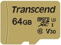Карта памяти TRANSCEND 64 Гб, microSDXC, чтение: 95 Мб/с, запись: 60 Мб/с, V30, адаптер на SD, 500S (TS64GUSD500S)