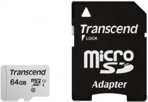 Карта памяти TRANSCEND 64 Гб, microSDXC, чтение: 95 Мб/с, запись: 45 Мб/с, адаптер на SD (TS64GUSD300S-A)