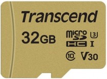 Карта памяти TRANSCEND 32 Гб, microSDHC, чтение: 95 Мб/с, запись: 60 Мб/с, V30, адаптер на SD (TS32GUSD500S)