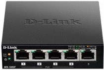 Коммутатор D-LINK неуправляемый, 5 портов Ethernet 100 Мбит/с, поддержка PoE/PoE+, 1 МБ RAM (DES-1005P/B1A)