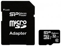 Карта памяти SILICON POWER 32 Гб, microSDHC, чтение: 90 Мб/с, запись: 45 Мб/с, адаптер на SD (SP032GBSTHDU1V10-SP)
